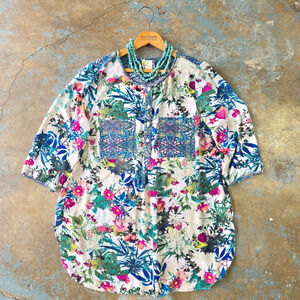 Fig and Flower Anthropologie Floral Popover Tunic Top Plus Size 2X Half Sleeve